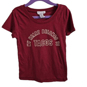 Full Tilt Girl's XS My Heart Belongs to Tacos Graphic Tee Shirt Burgundy Cotton